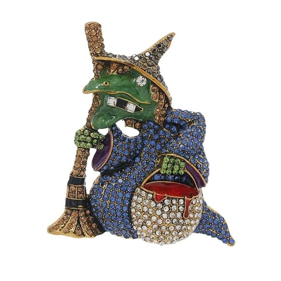 Jewelry - Halloween Brooch Crystal Witch with Broom & Cauldron